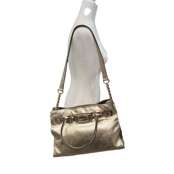 Michael Kors MK Satchel Tote Bag Pale Gold Hamilton Leather East West Large - Picture 4 of 16